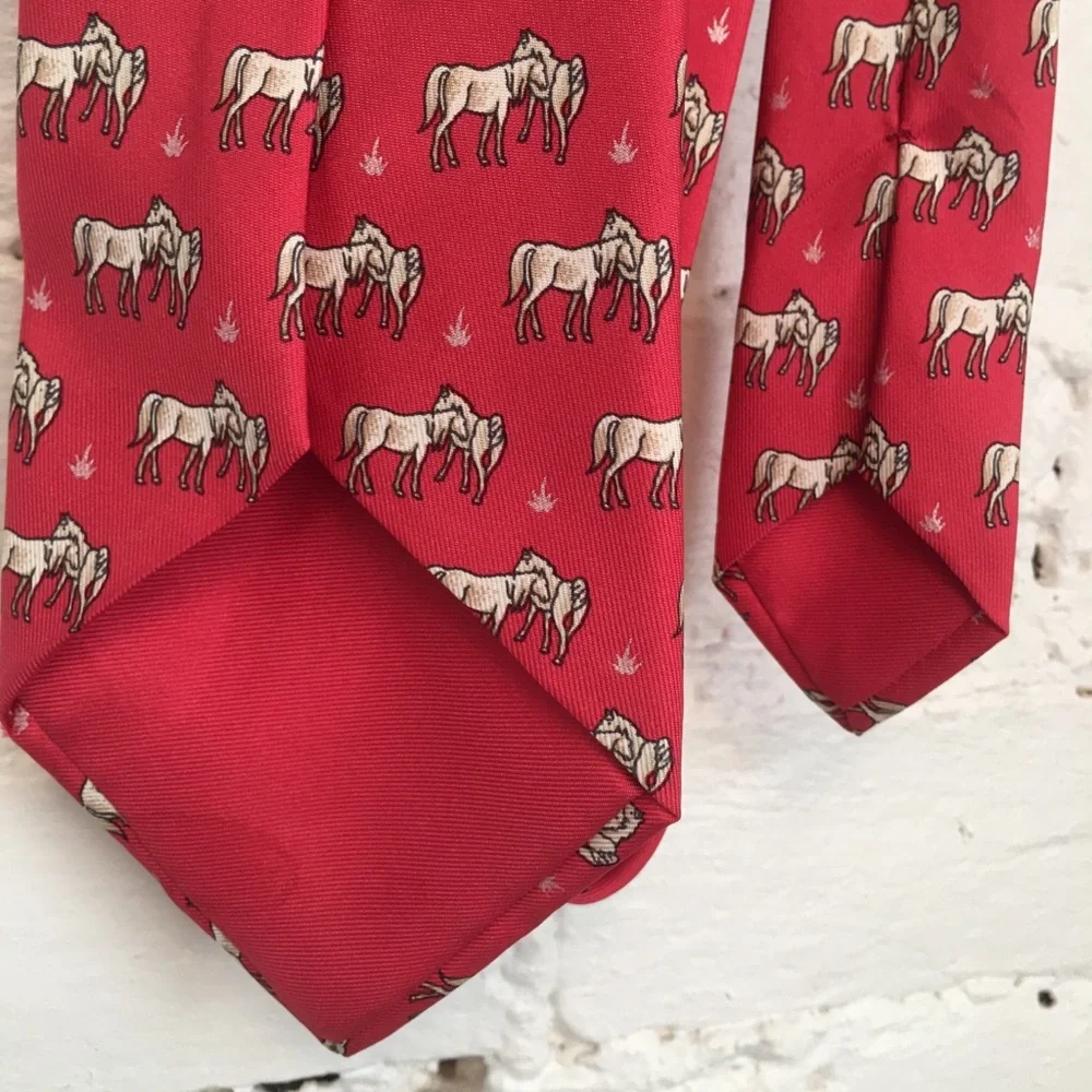 Hermes silk horse print necktie dark pink equestrian